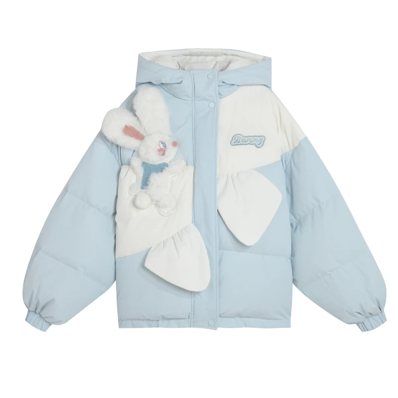 Cute Blue 3D Bunny Down Jacket Winter Warm Short Jacket Woman Sweet Loose Down Jacket