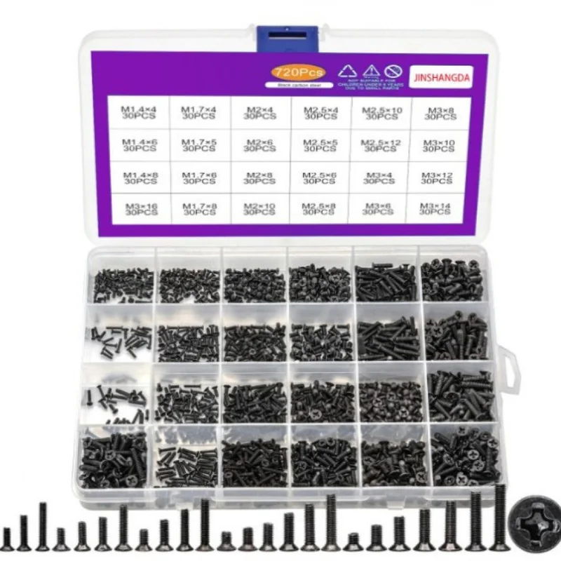 720Pcs Micro Computer And Eyeglasses Screws Assortment Kit Black M1.2-M3 For Home Electronic Repair 3D Printer