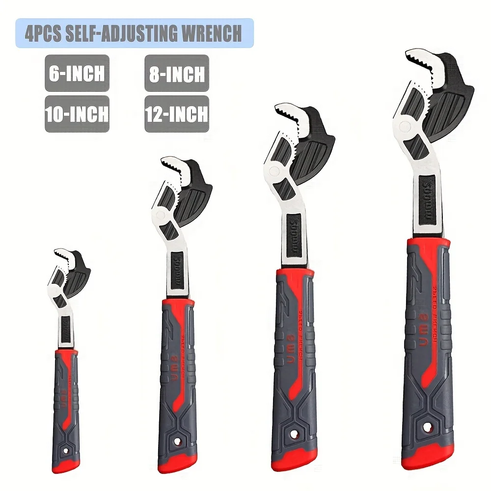 4PCS Adjustable Wrench,6”/8”/10”/12”Pipe Wrench, 9/32 to 1-11/16 inch Jaw Open, for Car,Bicycle,Plumbing Repairs