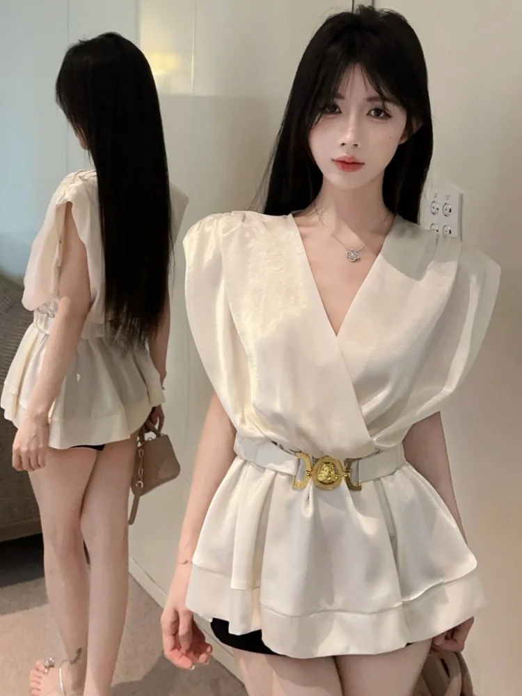 

Elegant Satin Sleeveless V-Neck Women's Dress High Waist Cross Design Casual Style Commute Wear Summer Fashion Unique