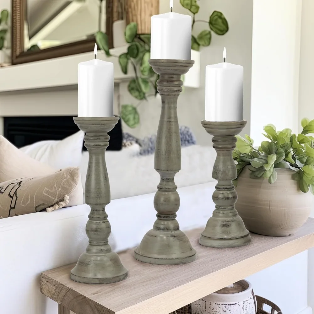 حامل عمود شمعة من الخشب الصلب - مجموعة من 3 حامل شمعدان منحوت يدويًا - مزرعة مركزية لطاولة العطلات الريفية البوهيمية