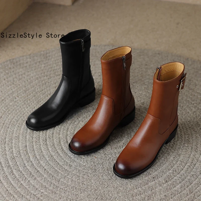 Fashionable Brushed Color Two-layer Cowhide Buckle Metal Decoration Round Toe Comfortable Thick Heel Ladies' Short Boots