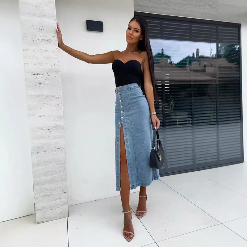 Women's Buttons Irregular Split Skirt Denim Skirt High Waist Sexy Slim Hip Skirt Fashion Women's Skirts