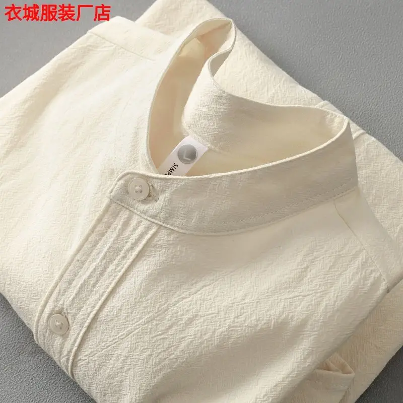 Japanese Stand-up Collar Short-sleeved Shirt Men's Henry Collar Cotton Linen Round Neck Five-point Sleeve T-shirt