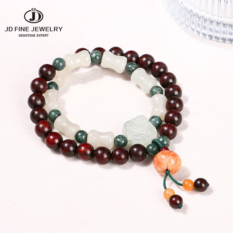 JD Natural Wooden Bead Dalbergia Cochinchinensis Ice Green Jade Square Double-Layer Bracelet Women Men Vintage Tassel Jewelry