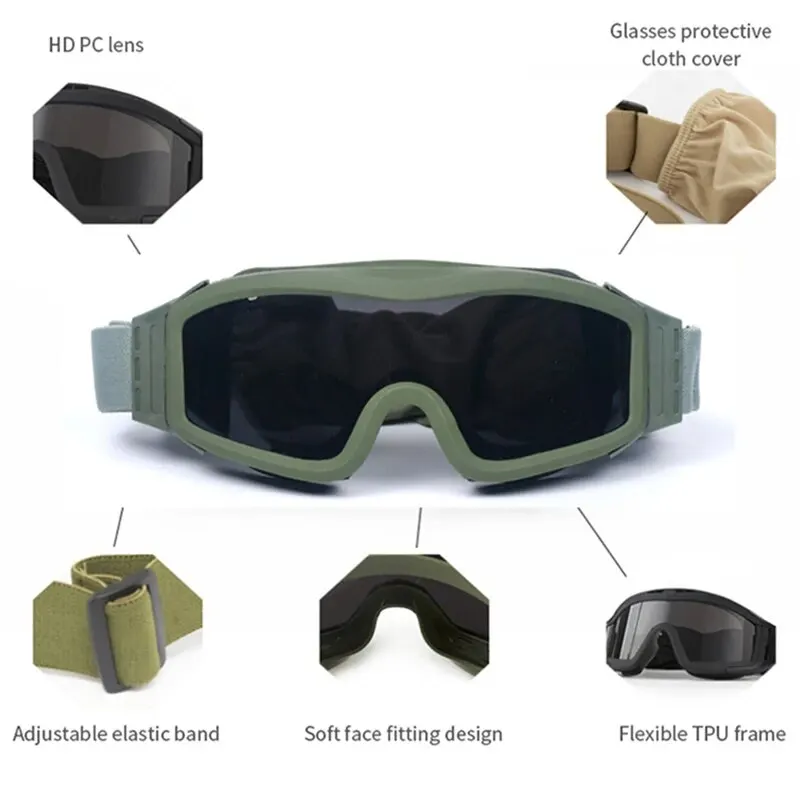 Airsoft Tactical Goggles 3 Lens Wind Dust Proof Shooting Motocross Motorcycle Mountaineering Glasses Safe UV Protection