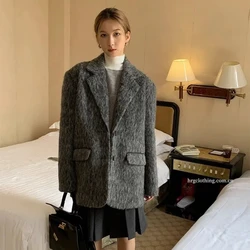 Women's Thick and High-end Design Gray Short Woolen Woolen Coat with a Suit Jacket