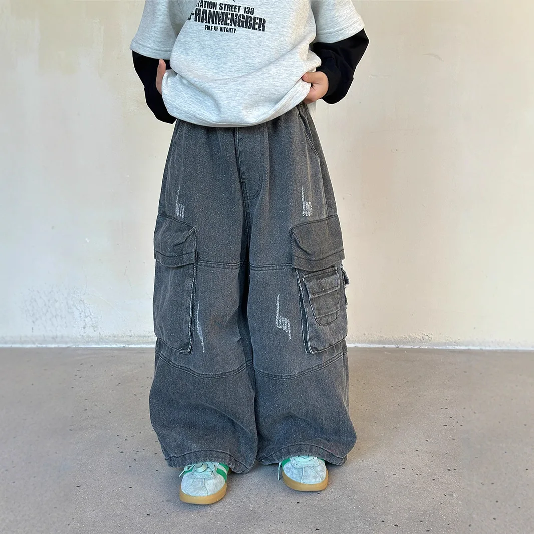 

Trousers 2025 Spring and Autumn New Children's Clothing Korean Style Boys and Girls Fashion Silver Heavy Industrial Jeans