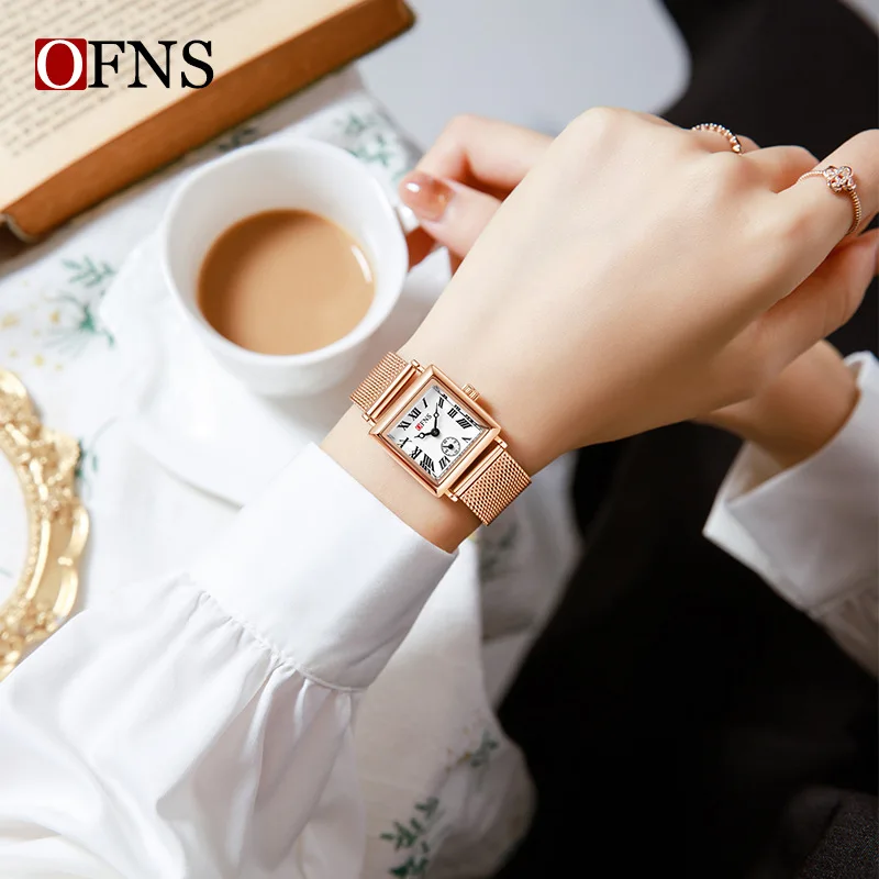 ساعة OFNS 1503 ريترو مربعة صغيرة راقية للأزياء النسائية، ساعة كوارتز نسائية فاخرة بمقياس روماني، مقاومة للماء وبسيطة