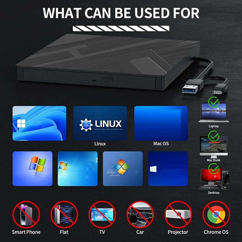 Внешний привод для компакт-дисков/DVD 5-в-1, USB 3.0 Type-C, проигрыватель записывающих устройств для компакт-дисков/DVD +/-RW со слотами для карт SD/TF для портативных ПК