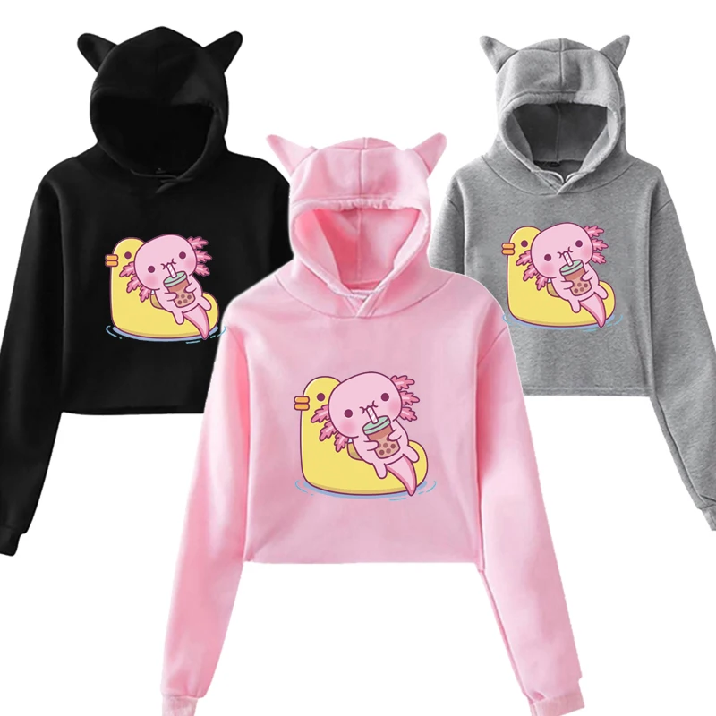 Cute Axolotl Boba Tea Graphic Printed Hoodie Women Fashion Kawaii Cropped Cat Ear Pullover Casual Long Sleeve Y2k Sweatshirt