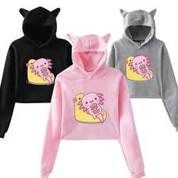 Cute Axolotl Boba Tea Graphic Printed Hoodie Women Fashion Kawaii Cropped Cat Ear Pullover Casual Long Sleeve Y2k Sweatshirt