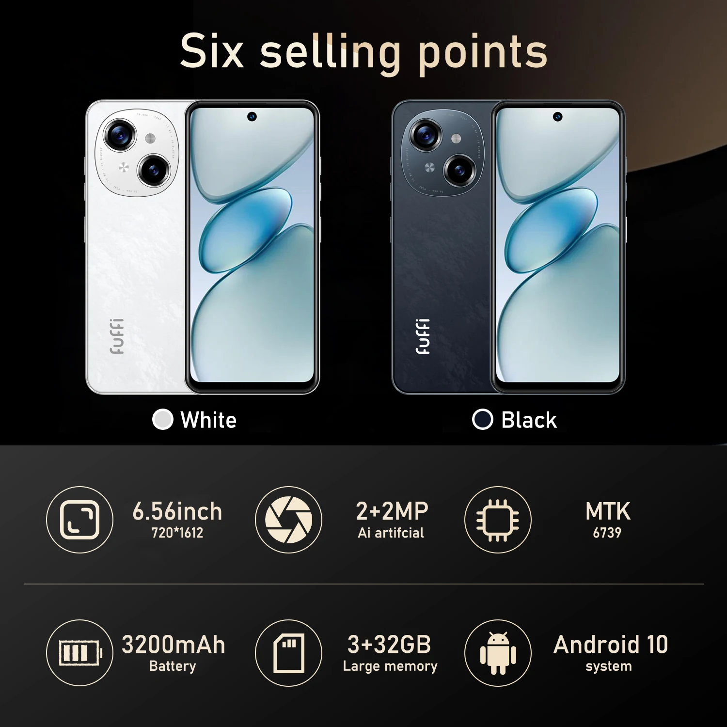 هاتف FUFFI بشاشة 6.56 بوصة، هاتف بشريحتين بشبكة 4G، هاتف Android 10.0 مع ذاكرة قراءة فقط 32 جيجابايت، معالج رباعي النواة، هاتف 2+2 ميجابكسل #3