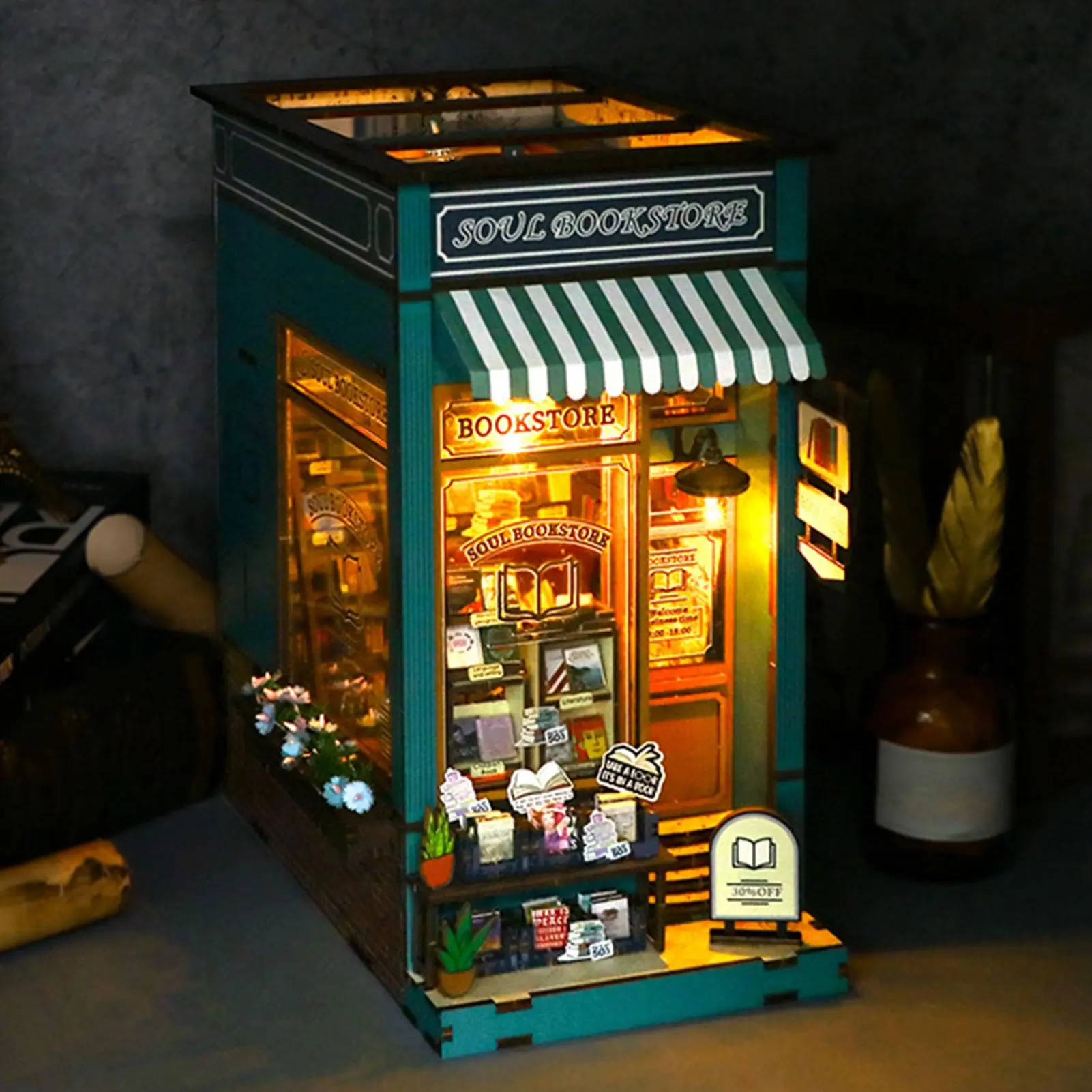 Book Nook Miniature House Kit Lighted Creative Decoration Nook for Display Bookshelf Study Workplace Living Room Home Desk Decor