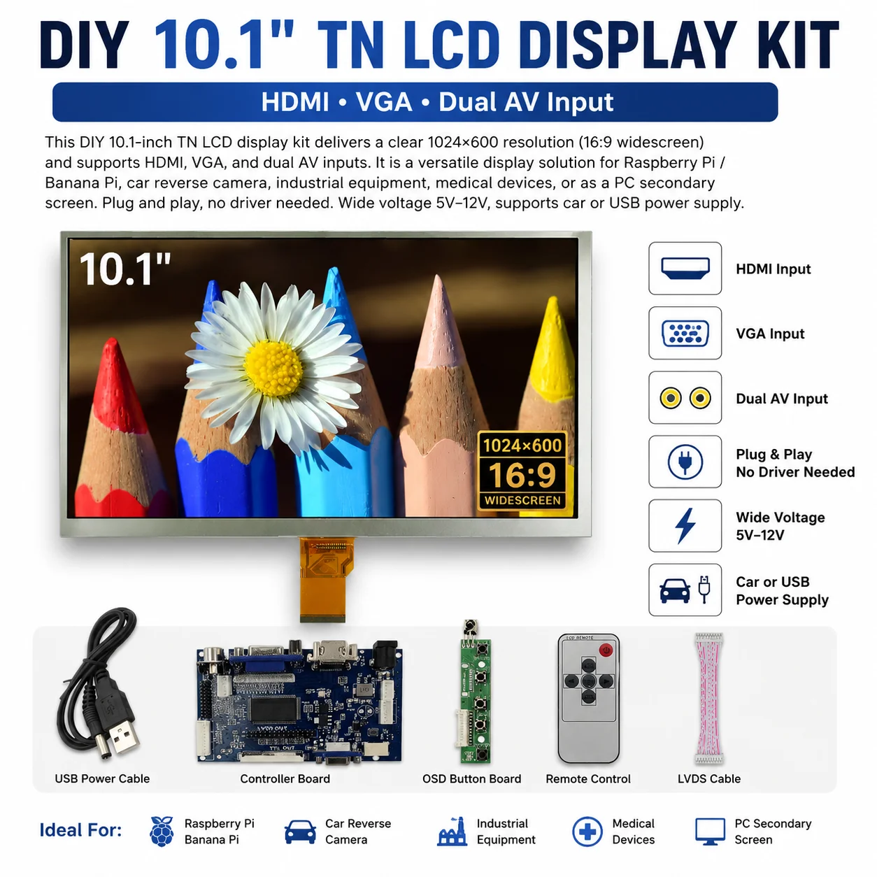 

10.1-inch 1024*600 Portable Monitor LCD Display Screen Capacitive Touch HDMI-Compatible for Raspberry Pi PC Mini computer