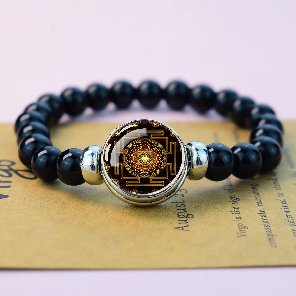 Sri Yantra Mandala Spiritual Black Bead Stretch Bracelet Yoga Meditation Glass Dome Bracelet