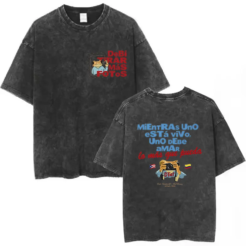 Trendy Hip Hop Rapper Bad Bunny Vintage Washed Cotton T Shirts Debi Tirar Mas Fotos DTMF T-shirts Men's Clothing Fashion T-shirt