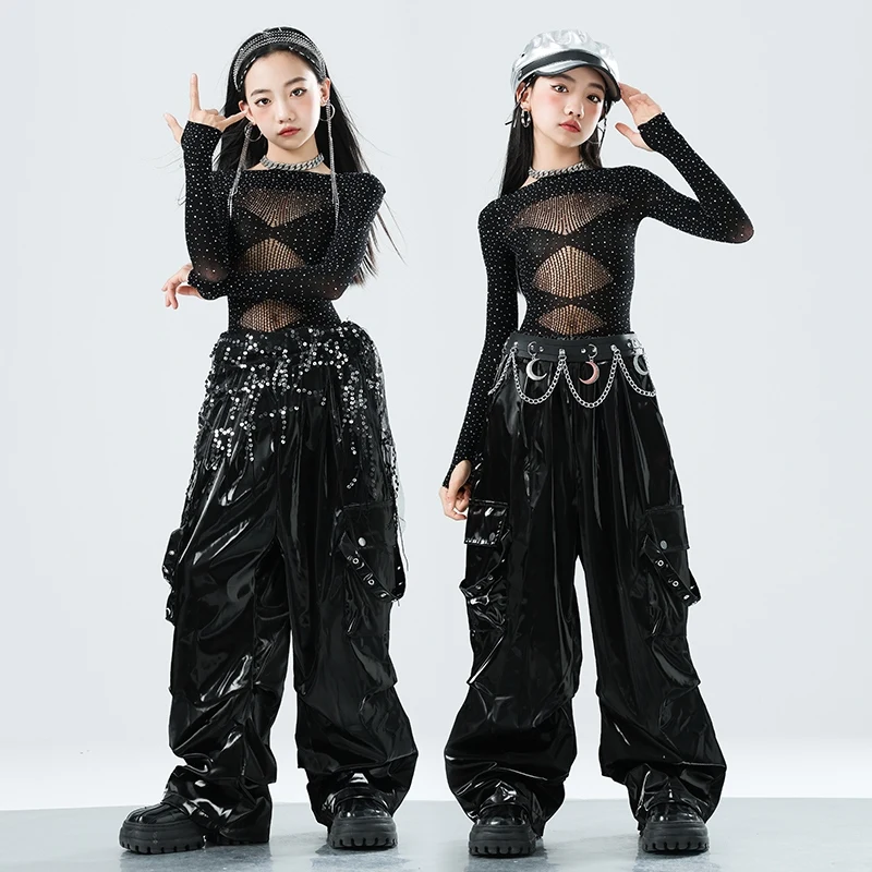 

Girls Rhinestone Mesh Tops Black Leather Pants Catwalk Concert Stage Wear Performance Costume Kpop Jazz Dance Clothes