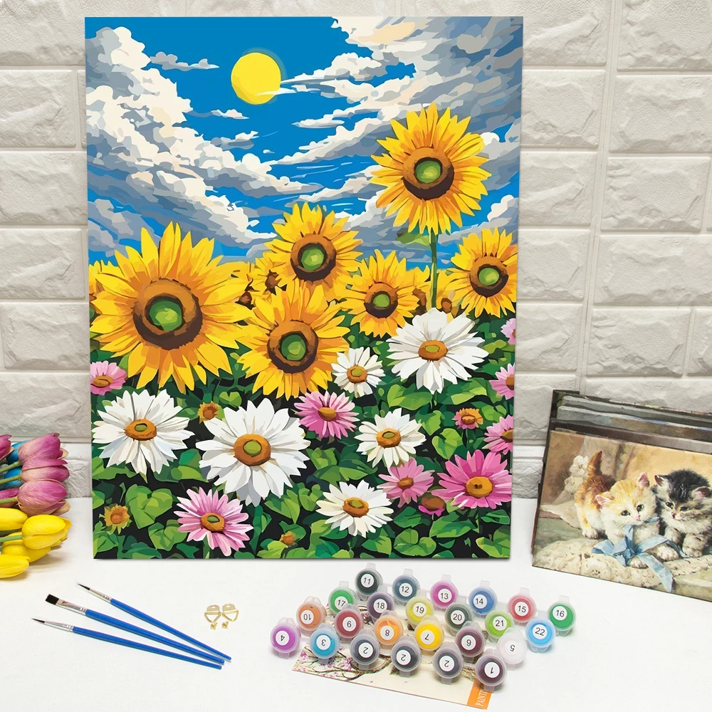 Digitales Ölgemälde Blumen DIY Malen nach Zahlen Sonnenblumen-Ölgemälde nach Zahlen Landschaft Heimdekoration für Wohnzimmer