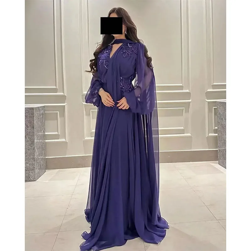 

Elegant Purple Long Evening Dresses Puff Sleeves Chiffion Appliques Prom Dress Dubai Formal Occasion Party Dress