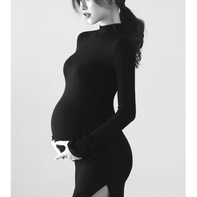 Vestidos de maternidade preta sexy para sessão fotográfica, manga cheia, adereços fotográficos tricotados, vestido de gravidez para gestantes, sessão fotográfica