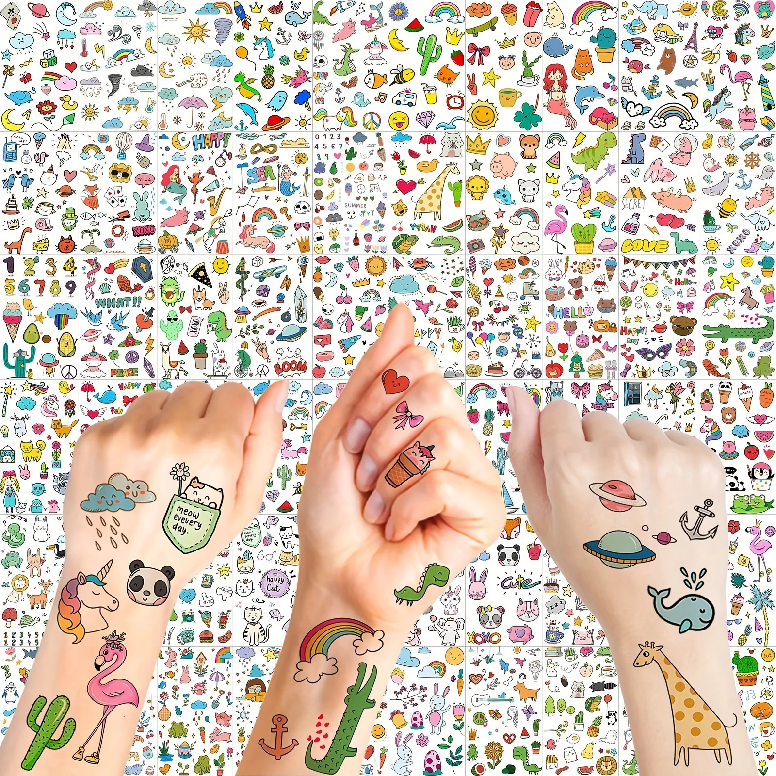 60 Sheets 1000+ Patterns Cute Cartoon Temporary Tattoos Animals Zoo Mermaid Dinosaur Unicorn Cat Dog Pets