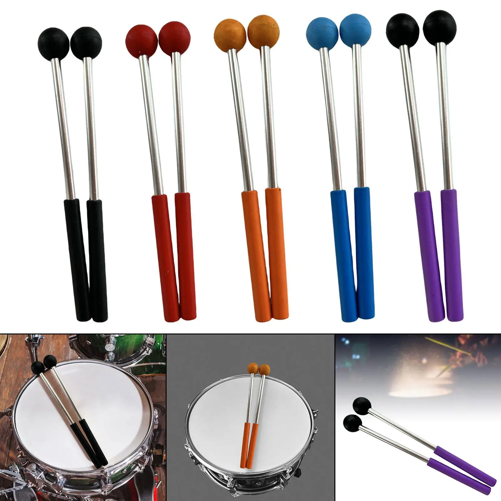 Pack of 2 Percussion Drumsticks Metal Rod Lightweight Rubber Head Drum Beaters