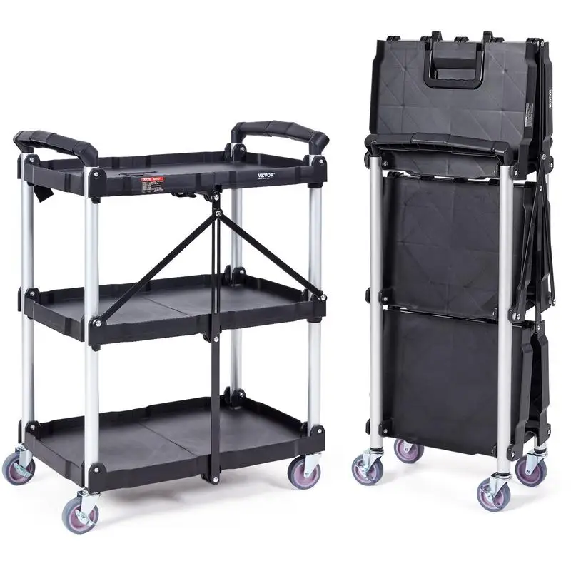 VEVOR Foldable Utility Service Cart, 3 Shelf 165LBS Plastic Rolling Cart with Lockable Wheels, Portable Garage Tool Cart