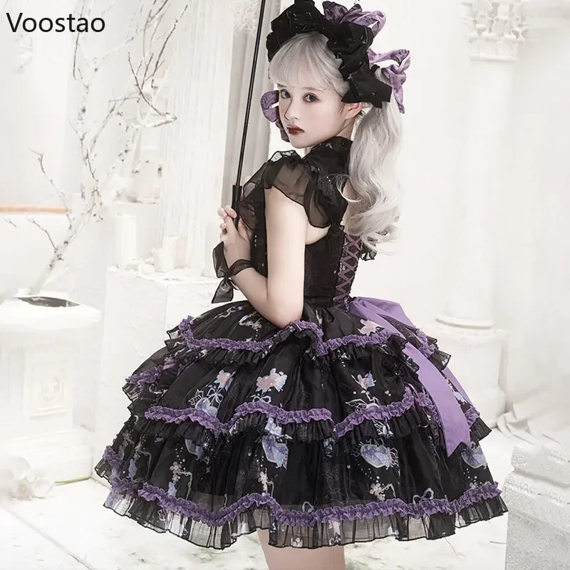 Vintage Gothic Y2k Lolita OP Dress Victorian Harajuku Girls Bow Print Ruffles Punk Tiered Dress Women Kawaii Puffy Party Dresses