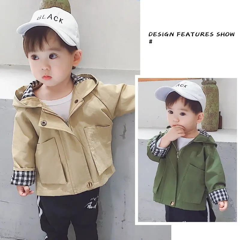 طفل الفتيان معطف الربيع والخريف نمط جديد للأطفال مقنعين خندق معطف النسخة الكورية جاكيت أطفال 80-130 سنتيمتر