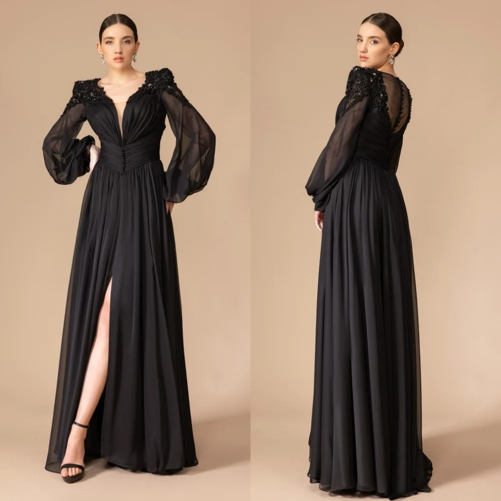 Customized High Quality Chiffon Pleat Sequined A-line V-neck Long Dresses Evening Dressess Chinese Style Classic Matching