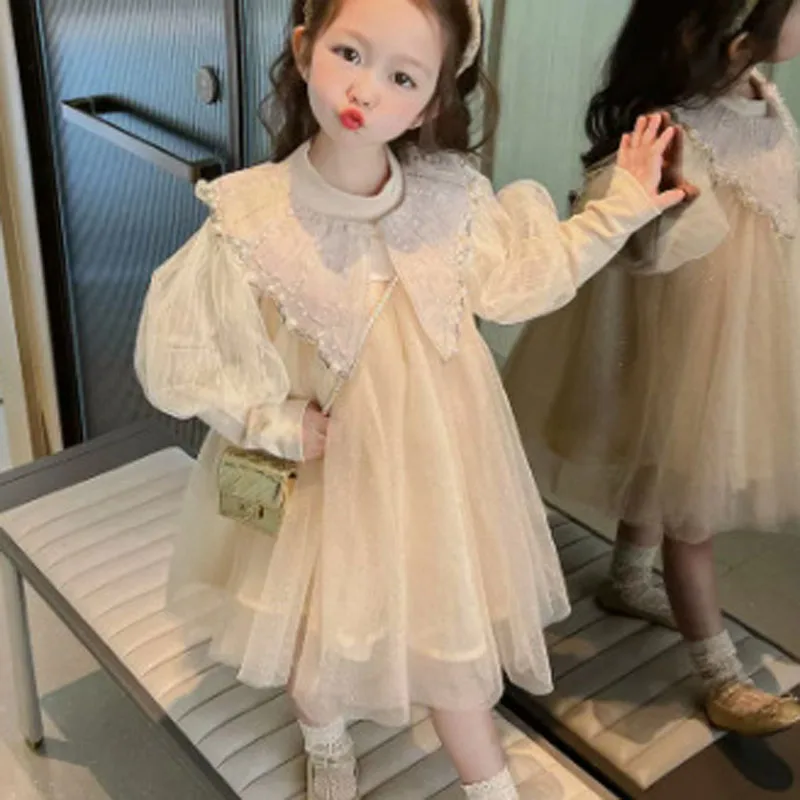 Primavera autunno Girls\' Set Butterfly Bead Mesh Bubble Sleeve Princess Dress + Bottom Shirt 2Pcs Fashion Children Clothing Suits