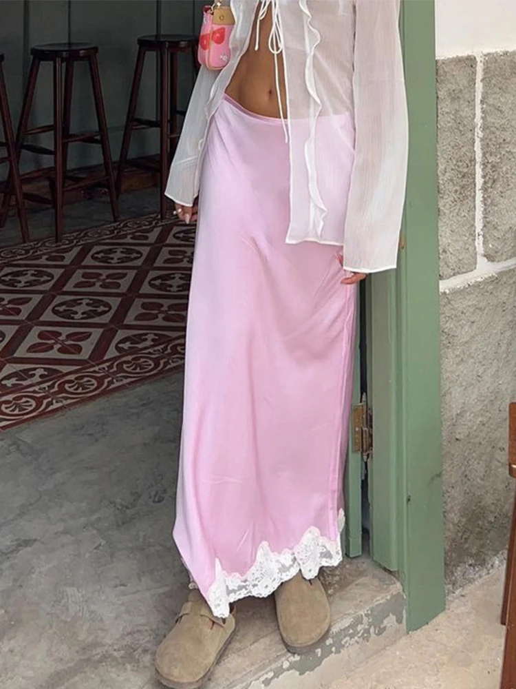 

Trendix Pink Satin Maxi Skirt Women Solid High Waist Patchwork Lace Trim Skirts 2025 New Fashion Party Slim Elegant Skirt Femme