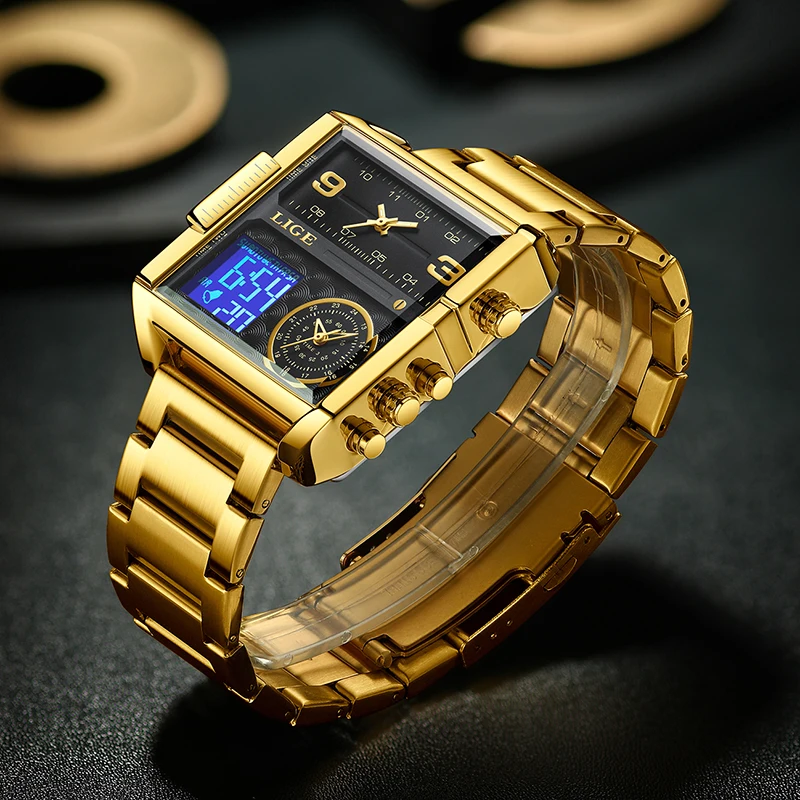 LIGE Fashion Gold Steel Men Watch Digital Dual Display Watch Sports Chronograph Waterproof Quartz Wristwatch Man Business Watch