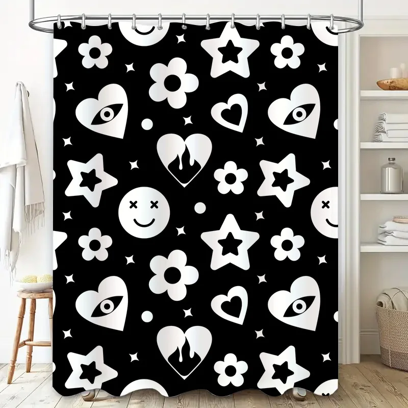 Black White Pattern Shower Curtain Bathroom Decoration Waterproof Fabric with Hooks Set for Home Use would fit your criteria and