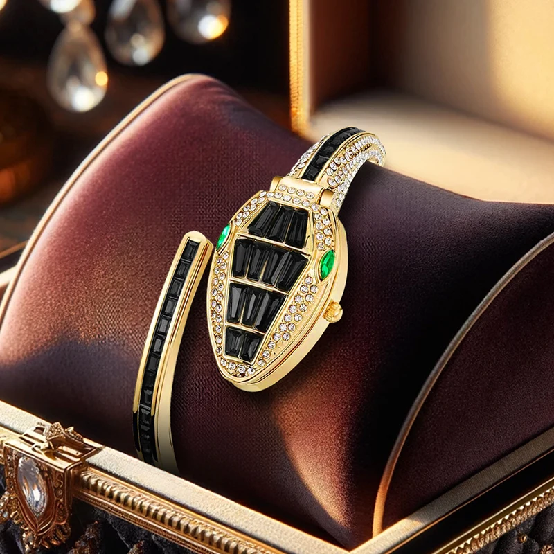 

Женские золотисто-черные стальные полоски в стиле отпуска, высокоэстетичный браслет в форме змеи, кварцевые часы с указателем