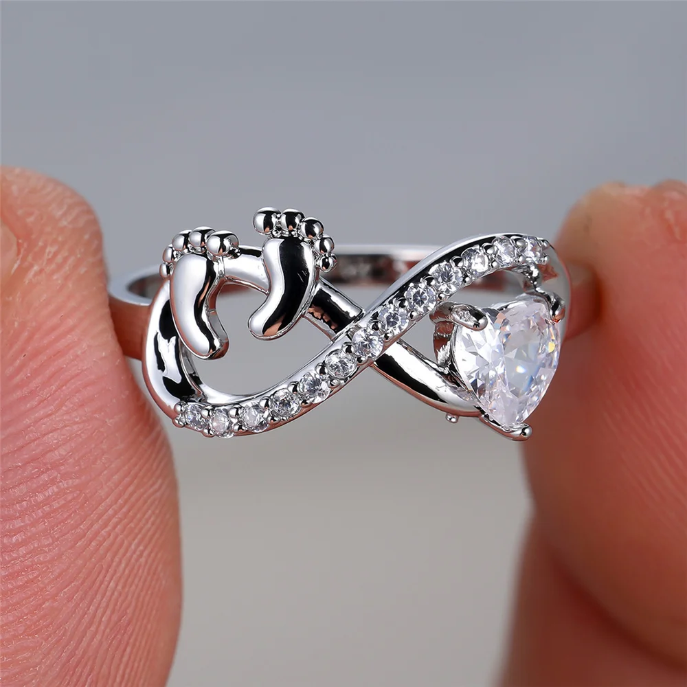 Female White Zircon Stone Footprint Infinity Ring Vintage Silver Color Wedding Jewelry For Women