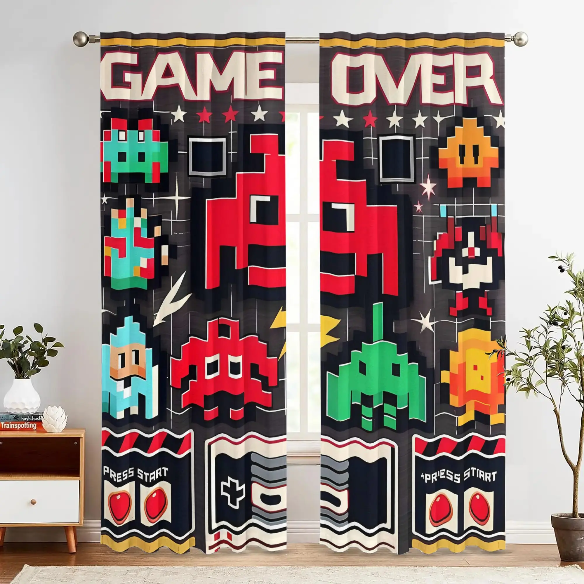 Retro Pixel Game Curtains 2 Panels, GAME OVER Pixel Alien Controller Star Dark Grey Background for Gamer Bedroom Curtain