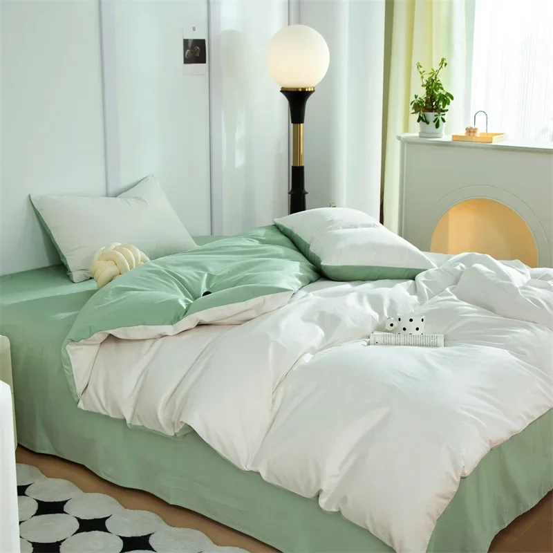 

ins simple pure cotton twill four-piece set cotton solid color bed sheet quilt cover quilt cover bed hat dormitory bed