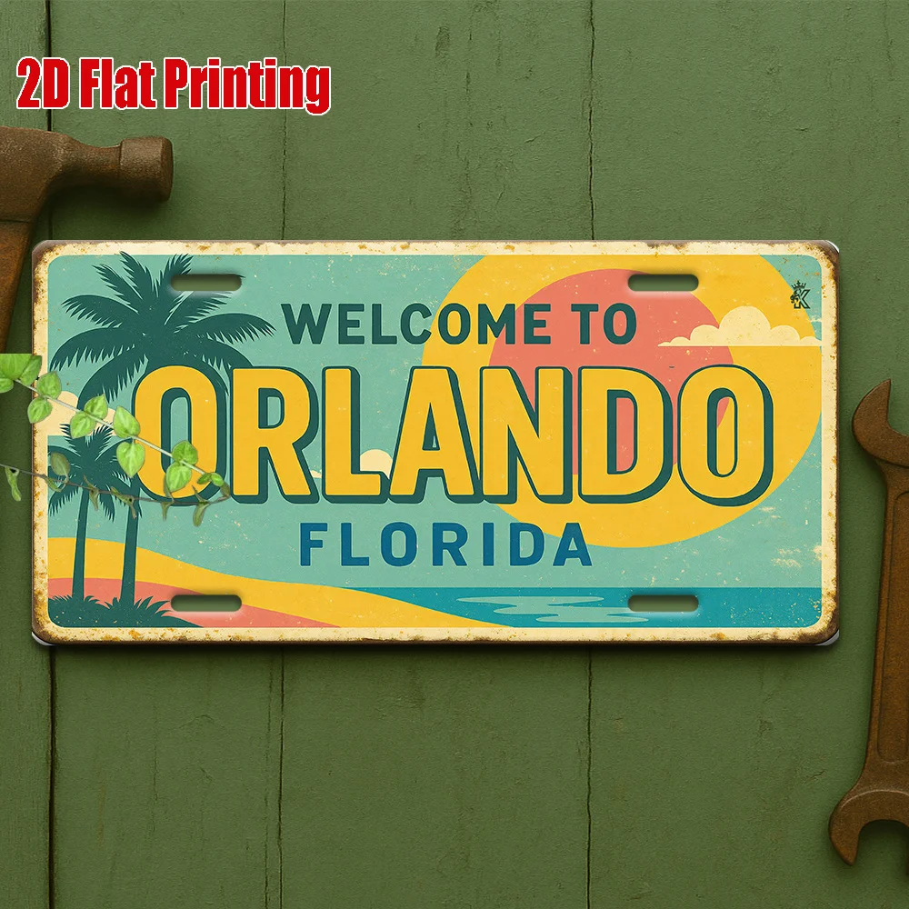 مسطح ثنائي الأبعاد، لوحة ترخيص ألومنيوم قديمة واحدة - مرحبًا بكم في مشهد غروب الشمس أورلاندو فلوريدا، مناسب لغرف الألعاب، ومنازل العطلات
