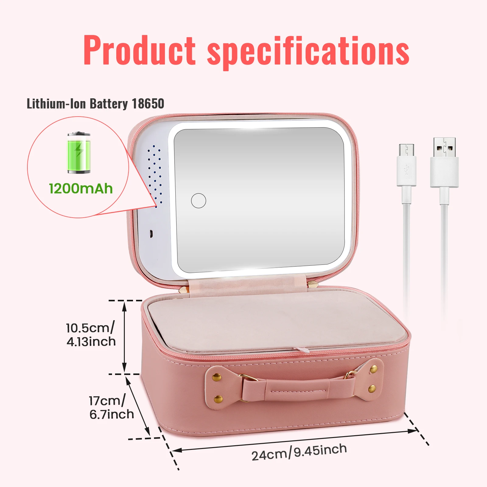 LED Travel Makeup Bag with Mirror Waterproof PU Leather Portable Cosmetic Case with 3 Level Brightness Adjustable Lighted Mirror