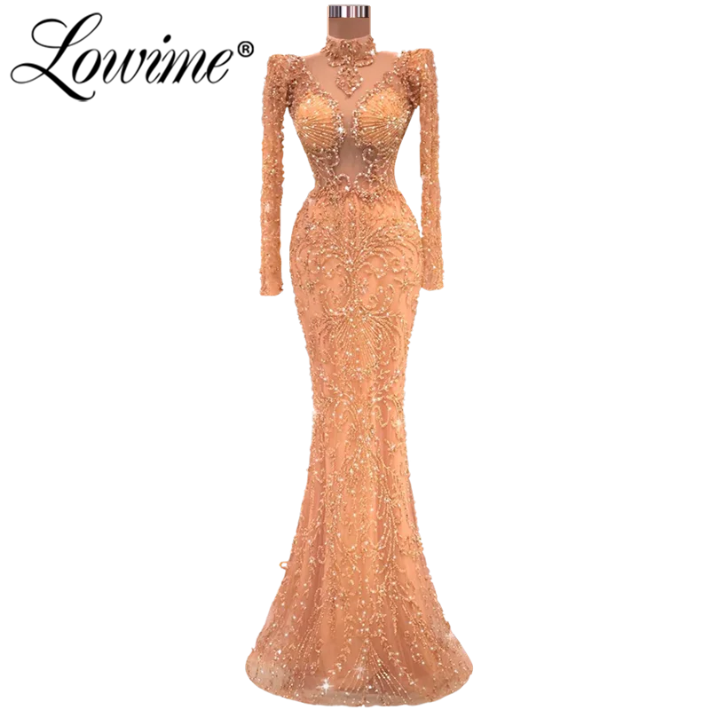 Lowime 2022 Sparkly Pink Evening Dresses Robes De Soirée Long Sleeves Mermaid Beaded Formal Dresses For Women Party Gowns Custom