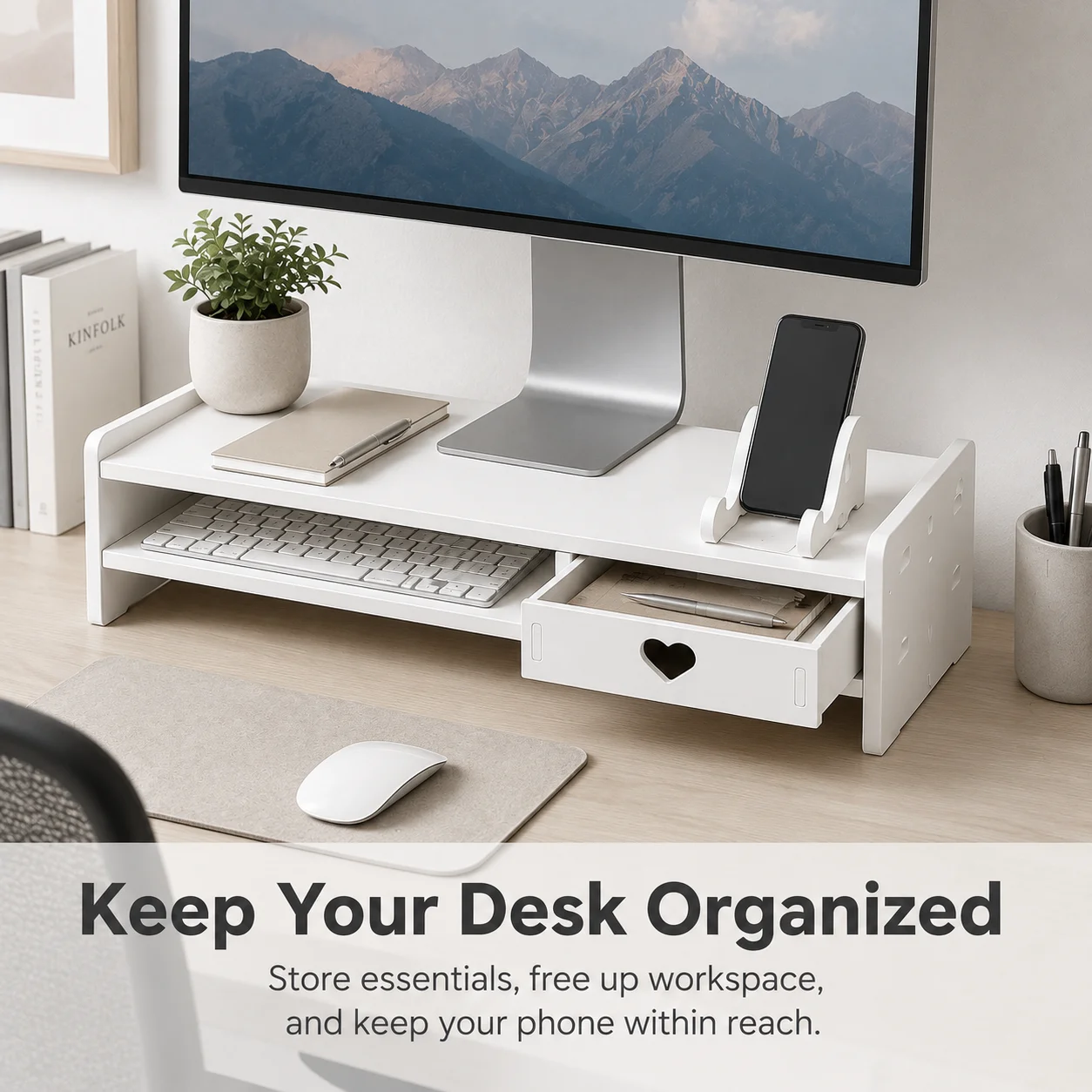 Heart shaped drawer display stand with phone holder, white double-layer desktop storage rack, suitable for laptops