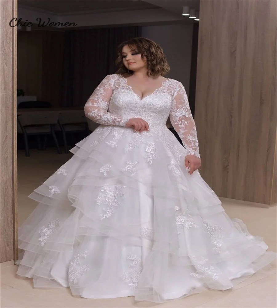 

Romantic Plus Size Wedding Dress White A Line Tulle Ruffles Castle Country Bride Dress Corset V Neck Gatsby Bridal Customized