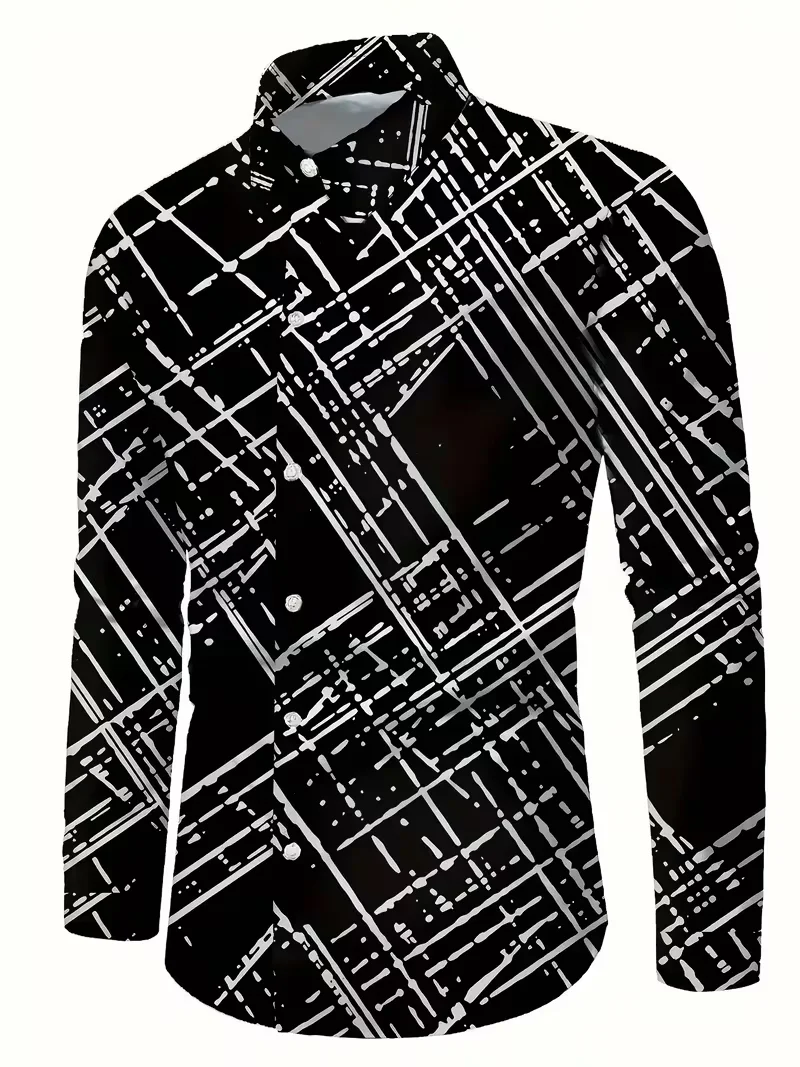 Fashionable men's long sleeved shirt with polka checkered stitching, fashionable buttons, casual men's lapel shirt top