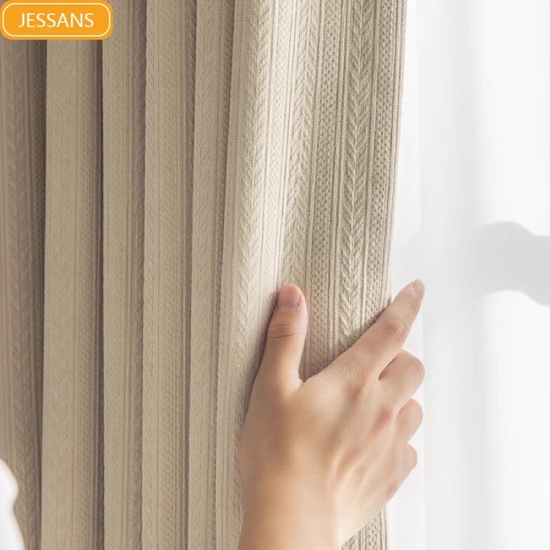 

Customized Milk Tea Embossed Jacquard Chenille Thickened Curtains for Living Room Bedroom French Window Balcony Window