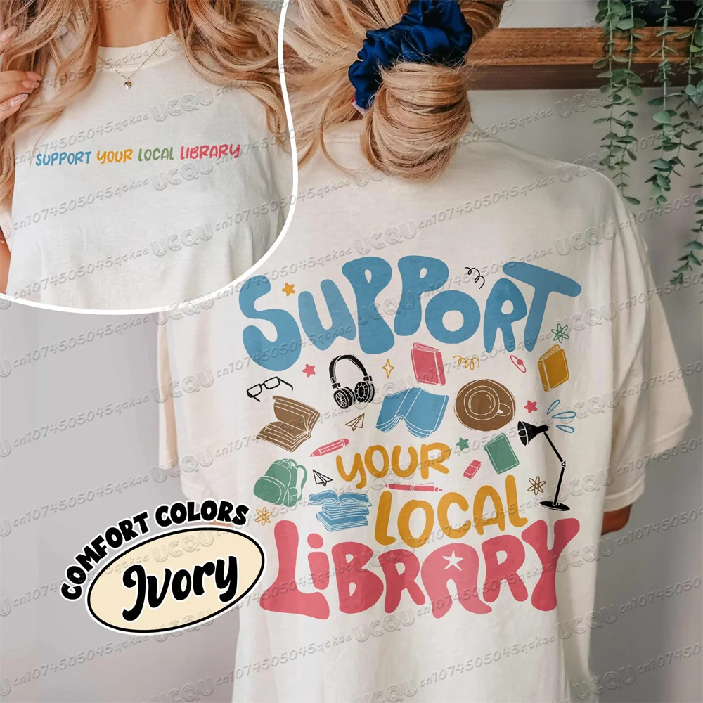 

Поддержите местную библиотеку Тяжелая хлопковая футболка Свободная и удобная уличная одежда с короткими рукавами Летний женский топ