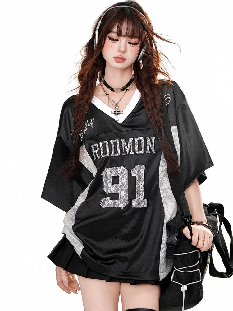 

ADAgirl Y2K Silvery Oversized T-shirts for Women Sporty Chic Short Sleeve Tees Lace Patchwork Summer Tee Shirt with Number Kpop