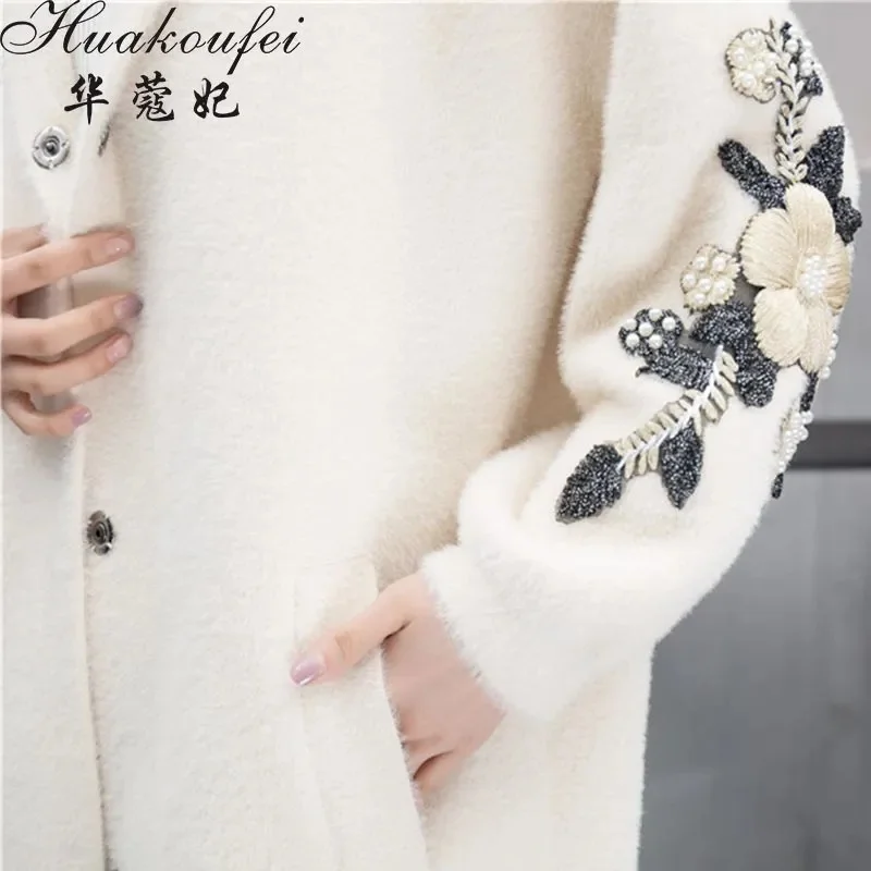 Thickened Autumn and Winter New Imitation Mink fur Coat Women\'s Medium Long Embroidered Knitted Cardigan Hooded Mink fur Coat WS