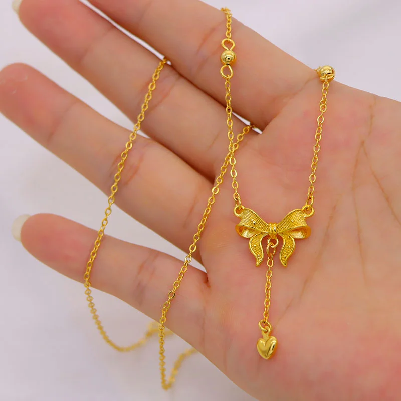 Escape Princess Necklace 100% Plated Real 999 Gold Bowknot Pendant Collar Chain Jewelry Lasts Forever For Women's Gifts